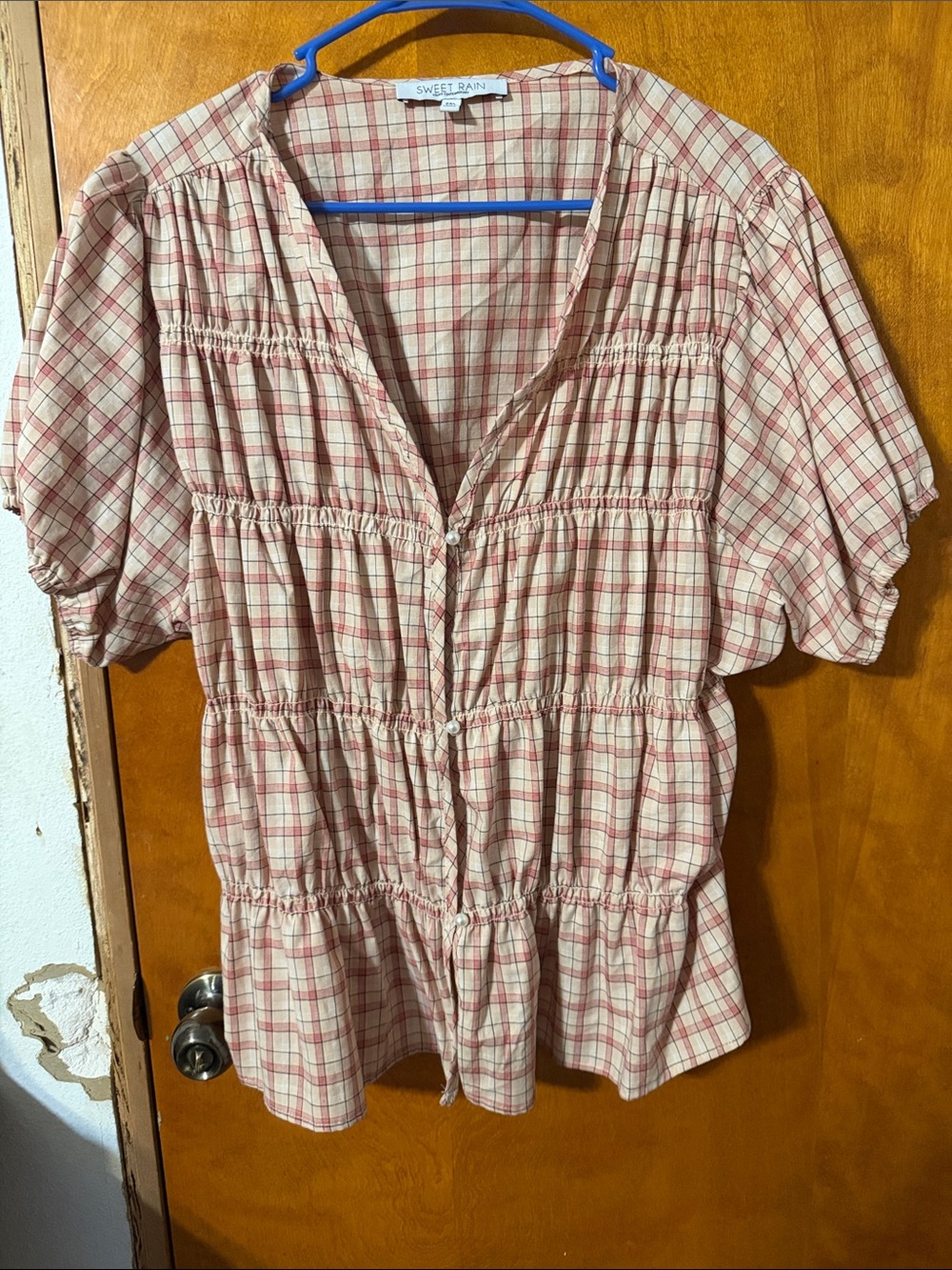 Sweet Rain Cream and Pink Plaid Button-Front Peplum Top